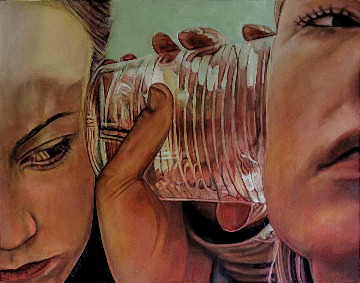 Two people listening via a cup