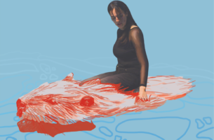 Digital collage of Émilie Monnet, with long dark hair dressed in black, sitting and stroking a large beaver illustrated in orange and red. the entire background is bright blue, and the surface of the water has outlined irregular shapes in gradient shades of blue.