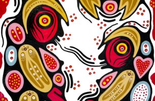 Woodland style painting by Niiwin Binesi of two stylized figures outlined in black facing each other. They have red skin with bodies composed of yellow, blue, and pink outlined shapes. A black line connects their mouths. Above is a blue moon and owl. The background has red dots and a red border.