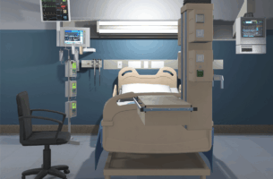 Digital rendering of a hospital bed, surrounded by several digital monitors. A large tubular attachment with protruding boxes and accordion-like folds is attached to the foot of the bed and leads out of frame.