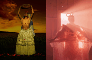 Image description: A collage of two images. First: Outdoors in a field of long grasses against a glowing dusk sky, a lone performer pours a basket of rose petals over his upturned face. His flat chest is bare, and he wears a full skirt of gold brocade and lace. Second: Light pours into the windows of an empty wooden-framed barn, illuminating the silouette of a performer dressed in the a lush dress and matching overcoat made of pale lace. Facing away, the figure holds the garment open, letting the light shine through the delicate cloth.