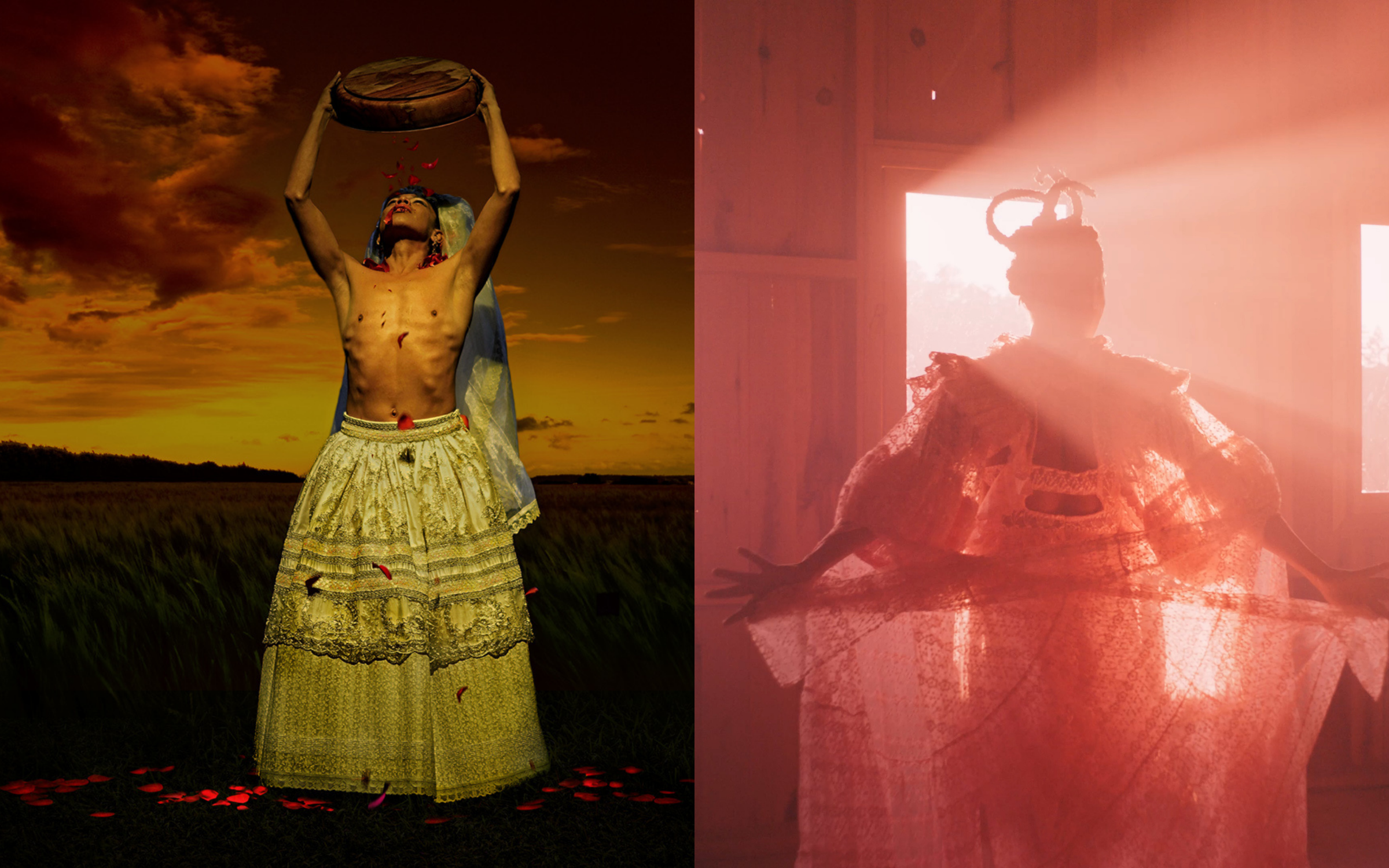Image description: A collage of two images. First: Outdoors in a field of long grasses against a glowing dusk sky, a lone performer pours a basket of rose petals over his upturned face. His flat chest is bare, and he wears a full skirt of gold brocade and lace. Second: Light pours into the windows of an empty wooden-framed barn, illuminating the silouette of a performer dressed in the a lush dress and matching overcoat made of pale lace. Facing away, the figure holds the garment open, letting the light shine through the delicate cloth.